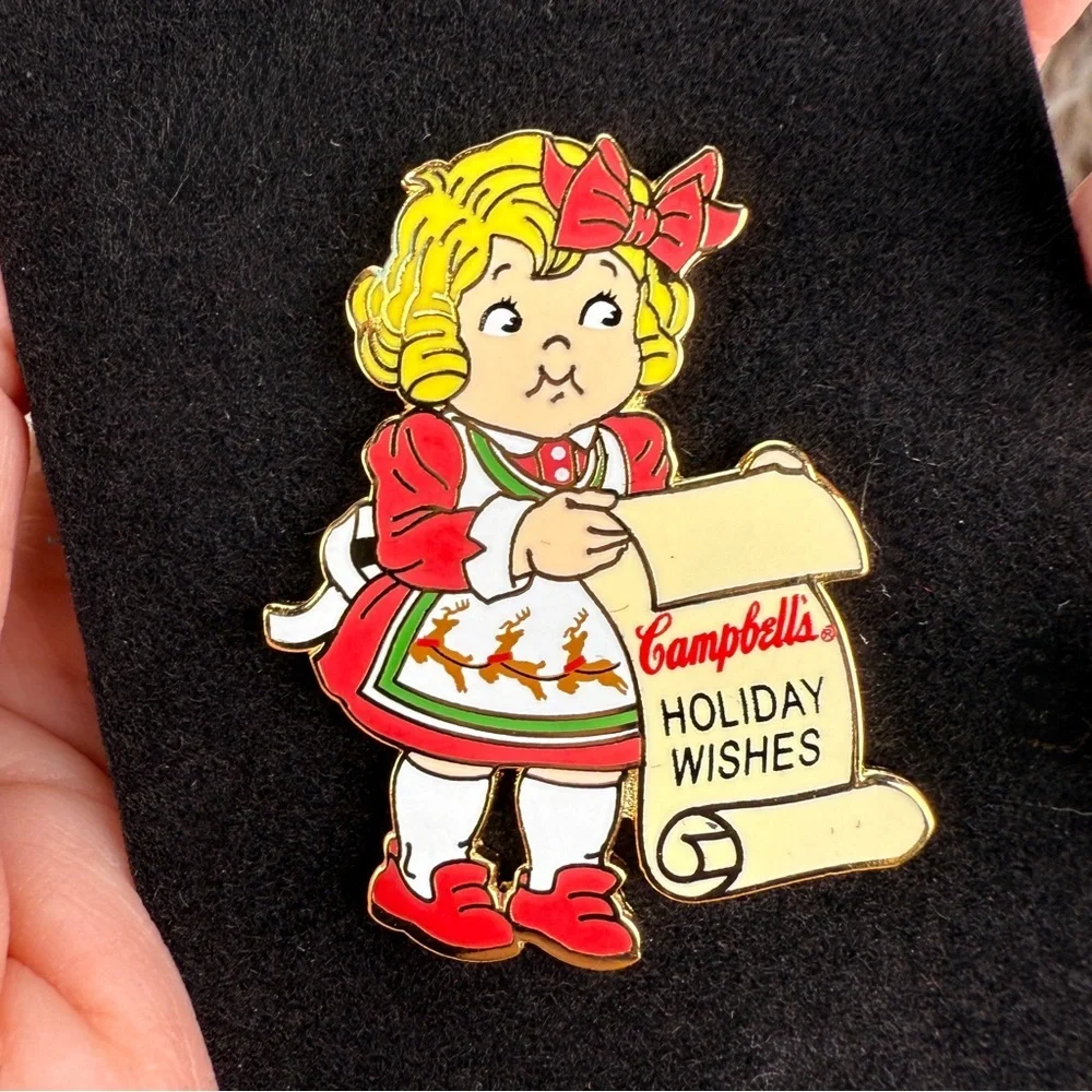 Vintage Campbell’s Holiday Wishes Girl Christmas Enamel Brooch Pin